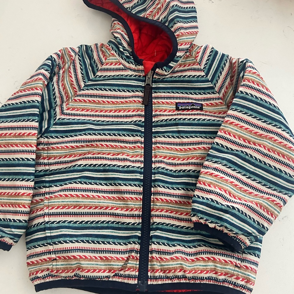 Patagonia Striped Hooded Puffer Jacket in Teal, Red & Cream